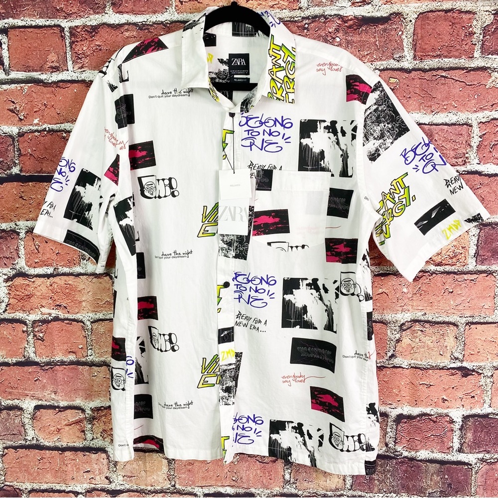 Zara White Graffiti Button Up Short Sleeve Shirt M NEW NWT